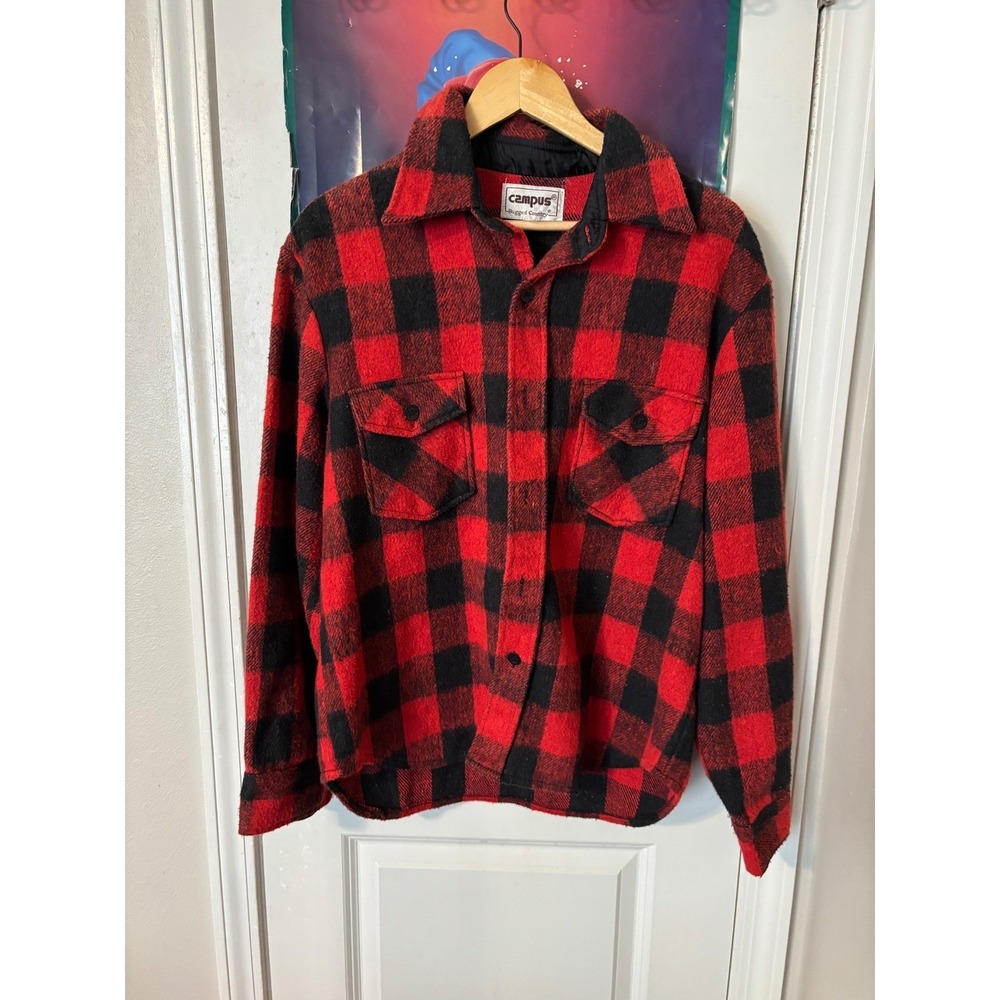 Vintage Campus Rugged Country Buffalo Plaid Wool Flannel Shirt Red Black Mens L